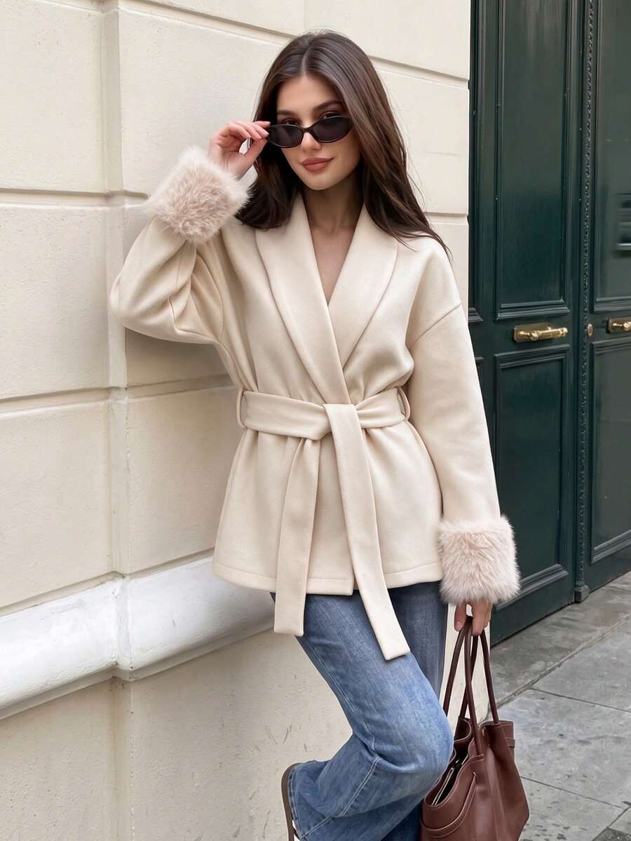 Women's Elegant Beige Woven Fabric Coat, Shawl Collar Design, With Faux Fur Cuffs And Belt, Autumn/Winter - Beige - View 1