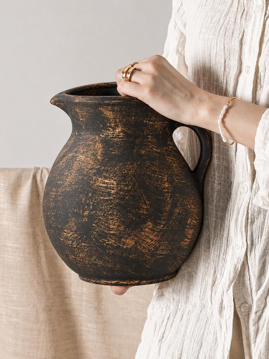 1pc Rustic Resin Pitcher Vase With Handle, Distressed Black Brown Flower Jug For Dried Flowers, Pampas Grass & Greenery, Vintage Farmhouse Decor For Living Room, Entryway, Shelf & Dining Table - Multicolor - View 1