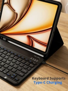 Casing Keyboard Motif Pita Hitam Kompatibel dengan Galaxy Tab, Pad SE, dengan Keyboard Bluetooth Nirkabel yang Dapat Dilepas dan Tempat Pensil (Pensil Tidak Termasuk), Penutup Penyangga Tipis dan Ringan, Casing - View 5