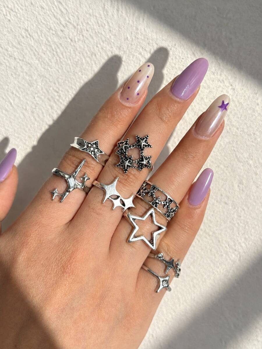 8件組嘻哈個性時尚奢華復古小眾設計休閒龐克星芒戒指,女款日常度假派對通勤穿搭飾品 - 彩色 - 查看 1