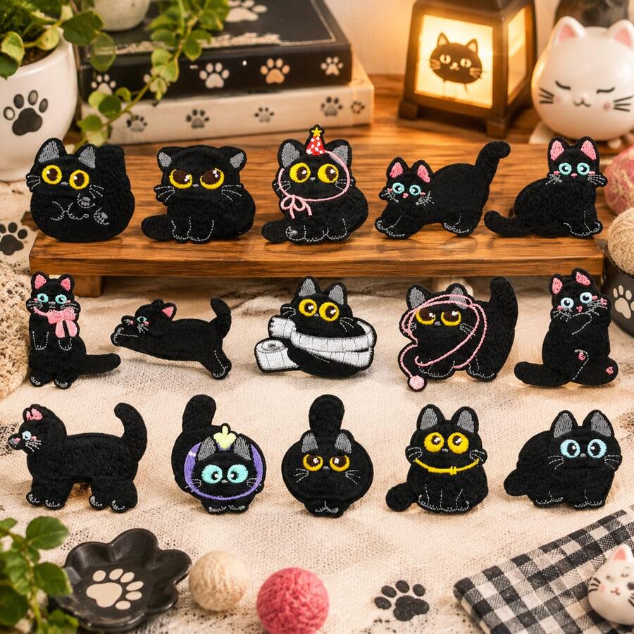 15Pcs Black Cat Embroidery Patches, Assorted Cartoon Kitty Iron On Appliques For Jeans, Bags, DIY Craft Decoration - Multicolor - View 1