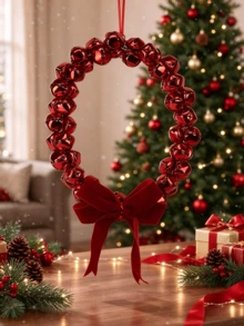 إكليل عيد الميلاد الأحمر مع جرس وفيونكة مخملية. سهل التعليق، لون احتفالي ساطع. مثالي لعرض الباب والنافذة لخلق أجواء عيد الميلاد القوية. - لون عشوائي - مشاهدة 6