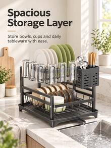 1pc Space-Saving Kitchen Countertop Dish Drying Rack, Stainless Steel Kitchen Utensil Drainer, With Cutlery Storage Holder, Suitable For Bowls, Plates, Knives, Spoons And Forks - Black - View 5
