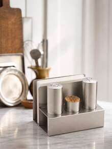 4-Piece Stainless Steel Condiment Set, Salt And Pepper Shakers, Toothpick Holder, Napkin Holder, Brushed Finish, Compact Tabletop Organizer, Suitable For Kitchen, Dining Table, Restaurant, Cafe, Saudi National Day Dining, Christmas Table Setting And Gifts - Multicolor - View 8