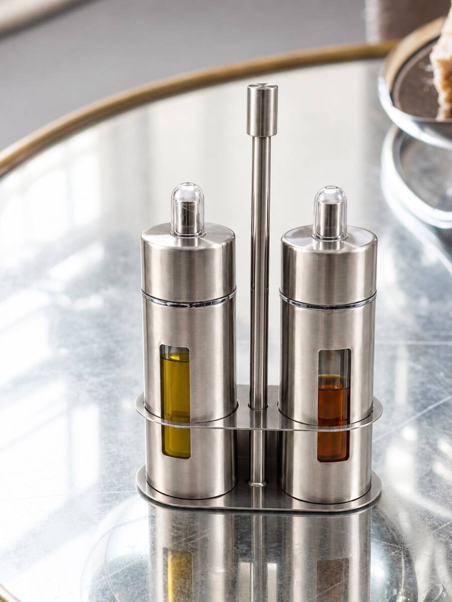 Set Dispenser Minyak & Cuka Stainless Steel 2 Buah dengan Baki Portabel, Lapisan Dalam Akrilik, Finishing Halus dan Jendela Indikator Level Minyak, Cocok untuk Kecap, Meja Dapur dan Restoran, Dekorasi Meja Natal dan Hadiah - View 1