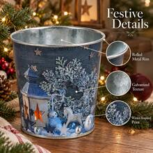 Christmas Metal Planter, Red & White Flower Pot With Gnome, Snowman & Christmas Tree Design, Decorative Plant Cover For Holiday Table & Mantel Decor - 2PC - View 5