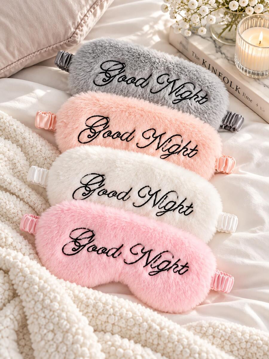 Portable Plush Travel Sleep Eye Mask, Good Night English Embroidery ...