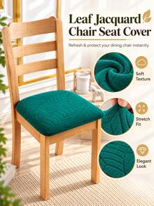 1pc Leaf Jacquard Chair Seat Cover Stretch Elastic Dining Chair Slipcover Anti-Slip Removable Chair Seat Protector Dust Cover For Dining Room Kitchen Autumn Home Decor Fall Home Decoration - Green - View 1