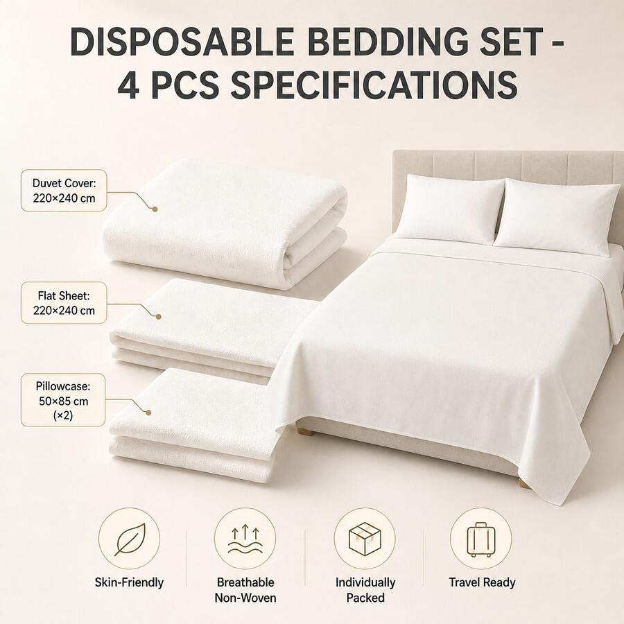 4pcs Disposable Portable Travel Bedding Set, Hotel Disposable Bedding, Business Travel Bedding, Essential Bedding For Travel, Hotel, Hospital, Train And Camping, Disposable Bedding Set, Large Disposable Travel Bed Sheet, Use And Discard - White - View 1