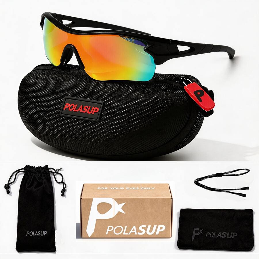 1pc POLASUP Fashion Geometric Sports Half-Frame Glasses, Suitable For Cycling, Running, Outdoor Activities, Includes Hard Shell Glasses Case, Storage Bag, Glasses Lanyard And Cleaning Cloth, Unisex Fashion Style - Multicolor - View 1