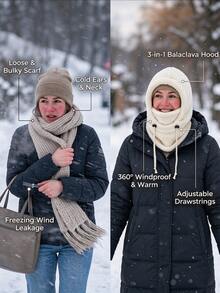 Fashion Thick Fleece Winter Hat, Adjustable Drawstring Fit, Warm Hooded Neck Scarf, Unisex Full Face Balaclava, Suitable For Motorcycle Riding, Hiking, Winter Vacation, Daily Casual Wear, Cold Weather Wardrobe Accessory - Multicolor - View 4