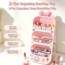 1pc Cartoon DIY Sticker Vertical Storage Box, Bowknot 3-Layer Desktop Organizer, Small Item Compartment Storage Rack, Suitable For Home And Office Storage - Multicolor - View 4