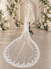1件 350cm (137.8in) 大教堂式新娘婚紗面紗，花卉蕾絲邊長款柔軟薄紗面紗，拖地式新娘儀式婚禮髮飾 - 彩色 - 查看 9