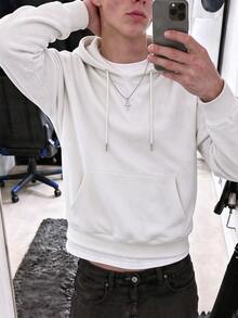 Cotton Men's Top, Men's Basic Loose Zip-Up Hoodie, Spring/Autumn Soft Breathable Dropped Shoulder Long Sleeve Top - White - View 3