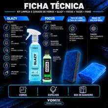 Kit Limpeza e Descontaminação de Vidros Vonixx: Glazy 500ml 4 em 1 + Focus 240ml + Taco de Carpete + Pano - A - Visão 5