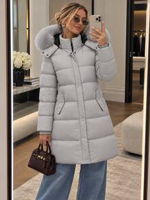 Women's Winter Thick Coat With Detachable Hood, Warm Padded Jacket - Light Grey - View 2