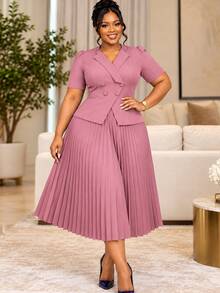 Plus Size Pink Pleated Ruffle Hem A-Line Skirt With Collar Short Sleeve Double-Breasted Elegant Church Wedding Guest Formal Office Midi Dress - Pink - View 4