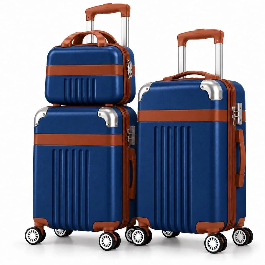 Conjunto 3 Peças para Aeroporto e Férias com Mala 20 Mala 24 e Frasqueira 14 ABS Resistente Rodas Duplas 360° Expansível Cadeado TSA Alça Telescópica e Espaço de Roupas e Produtos de Higiene - Azul - Visão 1