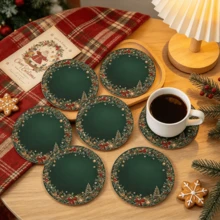 Merry Christmas Green Theme, 2D Printed Pattern Design Waterproof Heat-Insulating Coaster, Home Kitchen Decor Accessory, Suitable For Various Holiday Gatherings, Winter Tabletop Decoration, Christmas Gift - Coaster/LDX96 - View 5