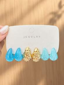 18/6pcs Vintage Elegant Creative Versatile Design Multi-Color Glossy Water Drop Resin Earrings, Suitable For Daily, Party, Date Wear - Yellow Gold - View 5