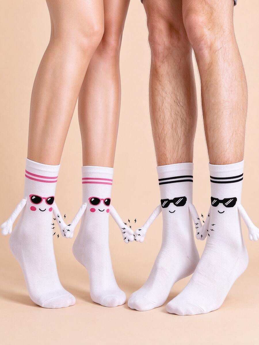 1/2 Pairs Couple Socks, Cute Fashion Glasses Cartoon Smiling Face 3D Hand Design Mid-Calf Socks, Fun Valentine's Day Birthday Gift For Couples And Best Friends - Multicolor - View 1