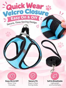 1 Set Cat Harness And Leash, Lightweight And Breathable Mesh Fabric, Simple Sports Style, Light Blue With Black Trim, Vest Design, Honeycomb Mesh Texture, Gray Reflective Strip Detail, Metal D-Ring On Back, Buckle Connection, Wraps Around Chest And Back, Distributes Pulling Force, Convenient For Walking And Leashing - Blue - View 9