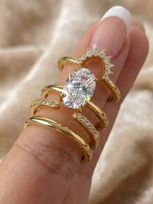 Bộ nhẫn xếp chồng hình oval thanh lịch, nhẫn nữ đính đá Cubic Zirconia đa năng, trang sức đồng, phù hợp cho đính hôn, Valentine và trang trí hàng ngày - Vàng - Xem 9