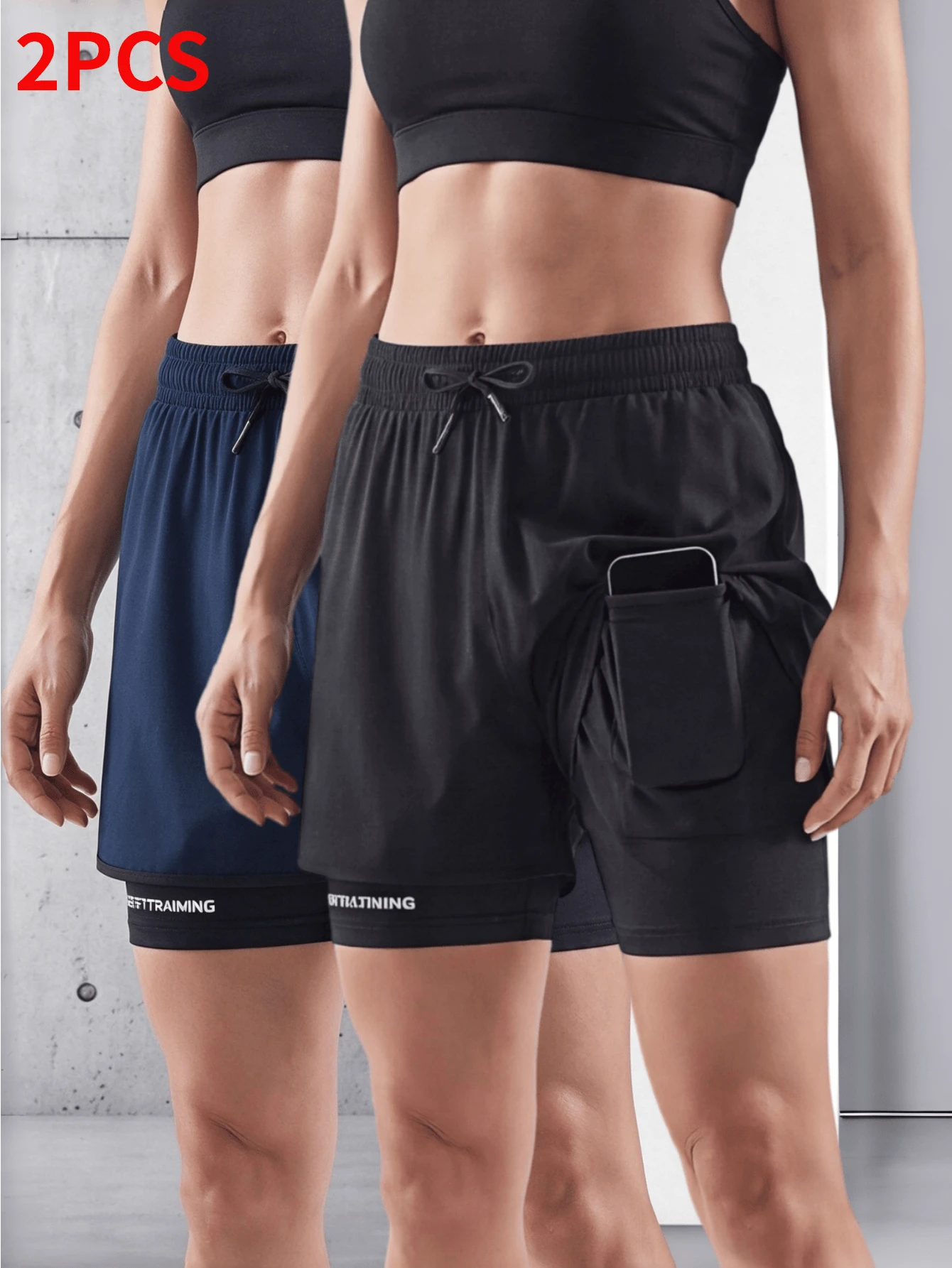 2Pcs Women 2-In-1 Quick Dry Running Shorts With Liner & Phone Pocket Gym Sports Workout Shorts - Multicolor - View 1