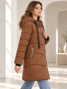 Women Casual Hooded Mid-Long Puffer Coat, Contrast Drawstring Zip Up Winter Warm Quilted Jacket With Ribbed Cuffs - Brown - View 3