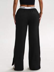 Women's Fashion Solid Color High Waist Yoga Casual Sports Knit Long Pants - Black - View 2