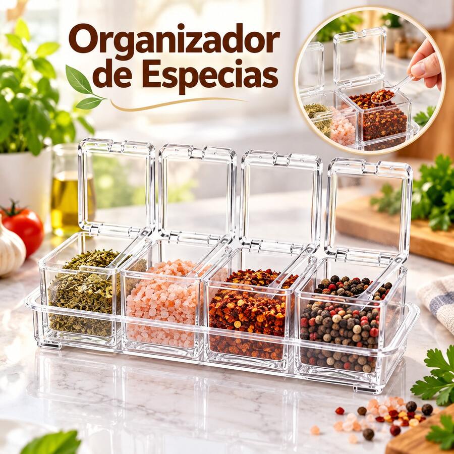 Especiero Caja Para Condimentos Especies Sal 4 Recipientes Organizador Con Multiuso Para Cocina Set 4 Frascos Con Tapa Cucharilla Acrilico Rectangular Ahorrador De Espacio Practico Visible W2588 Especiero chico 4 - transparente - Ver 1