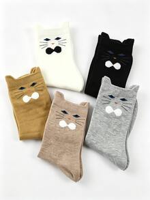 5 Pairs Cat Face Mid-Calf Socks, 3D Cat Ear Design Cute Novelty Socks - Multicolor - View 4