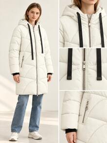 Women Casual Hooded Mid-Long Puffer Coat, Contrast Drawstring Zip Up Winter Warm Quilted Jacket With Ribbed Cuffs - White - View 4