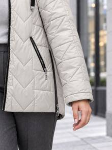Plus Size Hooded Quilted Padded Coat Zipper Pocket Long Sleeve Warm Jacket - Light Grey - View 5