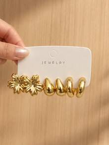 6/18pcs Fashionable Elegant Flower Water Drop Eternal Flower Multi-Element Women's Gold Earrings Set, Suitable For Daily Wear, Perfect Gift Choice - Yellow Gold - View 4
