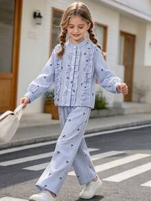 Left Mama Girls' Casual Sweet Cherry Print Striped Long Sleeve Top And Straight Leg Pants Set, Spring/Autumn - Blue - View 1