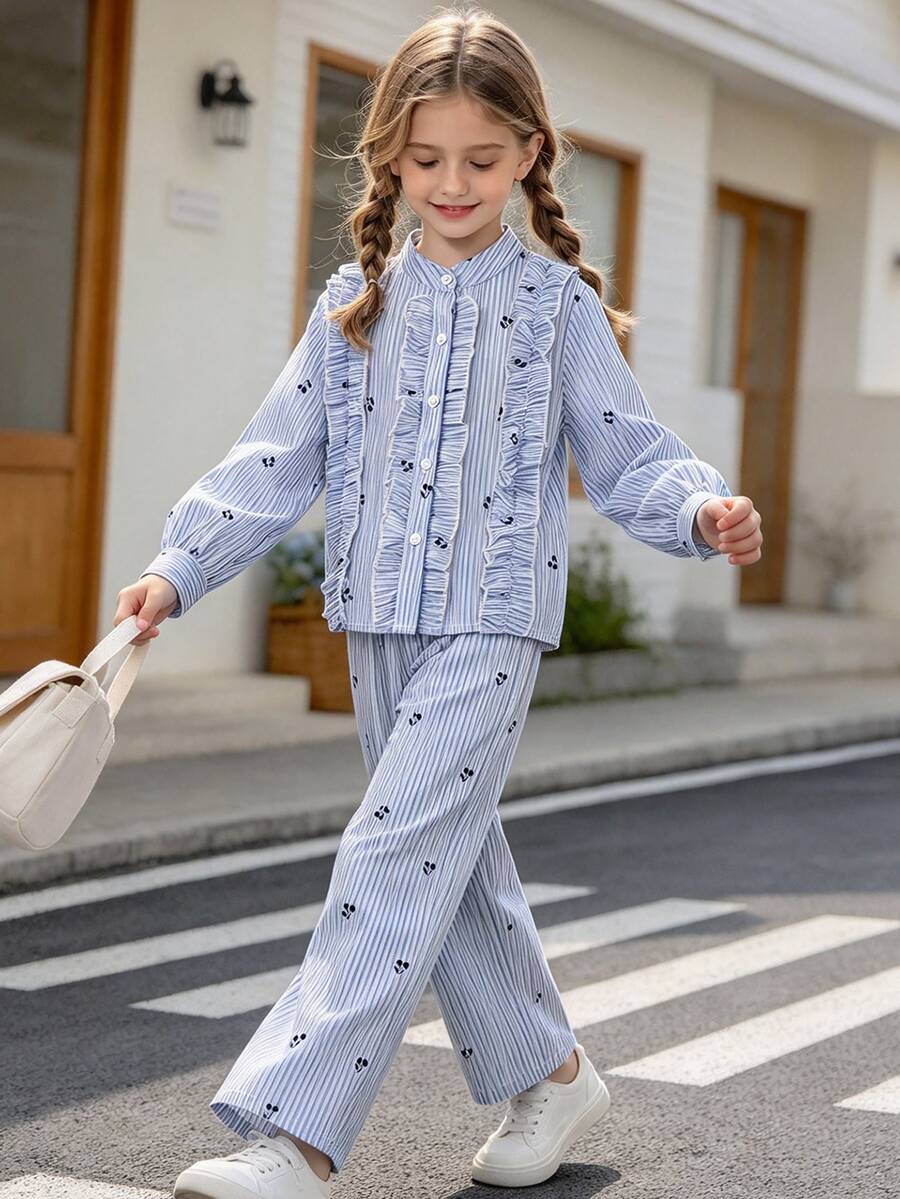 Left Mama Girls' Casual Sweet Cherry Print Striped Long Sleeve Top And Straight Leg Pants Set, Spring/Autumn - Blue - View 1