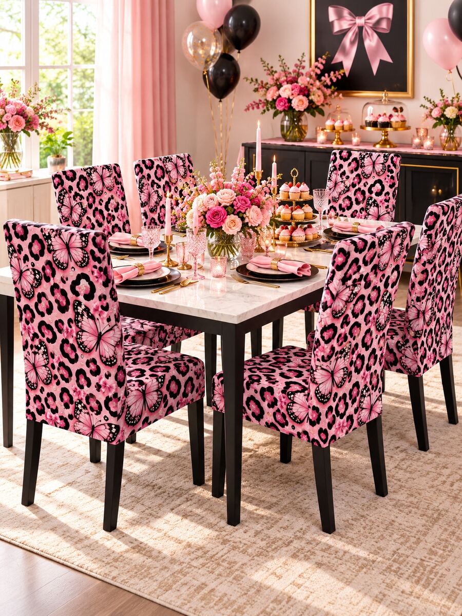 2/4/6pcs Pink Black Leopard Butterfly Print Chair Covers, Pink Bowknot Pattern, Y2K Girly Style, Suitable For Dining Room Home Decor, Birthday Party And Afternoon Tea Setup