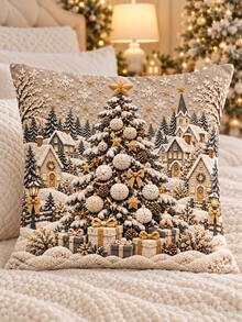 4pcs Christmas Snow Scene Town Pillow Covers, Winter Snowman & Christmas Tree Print, Soft Polyester Fiber Decorative Cushion Covers, Suitable For Sofa, Living Room, Bedroom Holiday Decor, Pillow Inserts Not Included - Multicolor - View 5