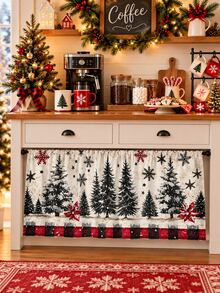 1pc Vintage Country Christmas Kitchen Curtain Set, Distressed Snowy Pine Tree & Poinsettia Snowflake Print Window Valance And Sink Curtain, Winter Kitchen Window Decor - Multicolor - View 17