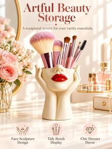 Cute Abstract Face Makeup Brush Holder, Resin Red Lips Cosmetic Storage Box, Vanity Decor, Desktop Pen Holder, Beauty Tool Organizer, Bathroom Countertop Accessory, Women's Vanity Gift, Bedroom Shelf Decor, Christmas Decor, Christmas Gifts - Multicolor - View 9