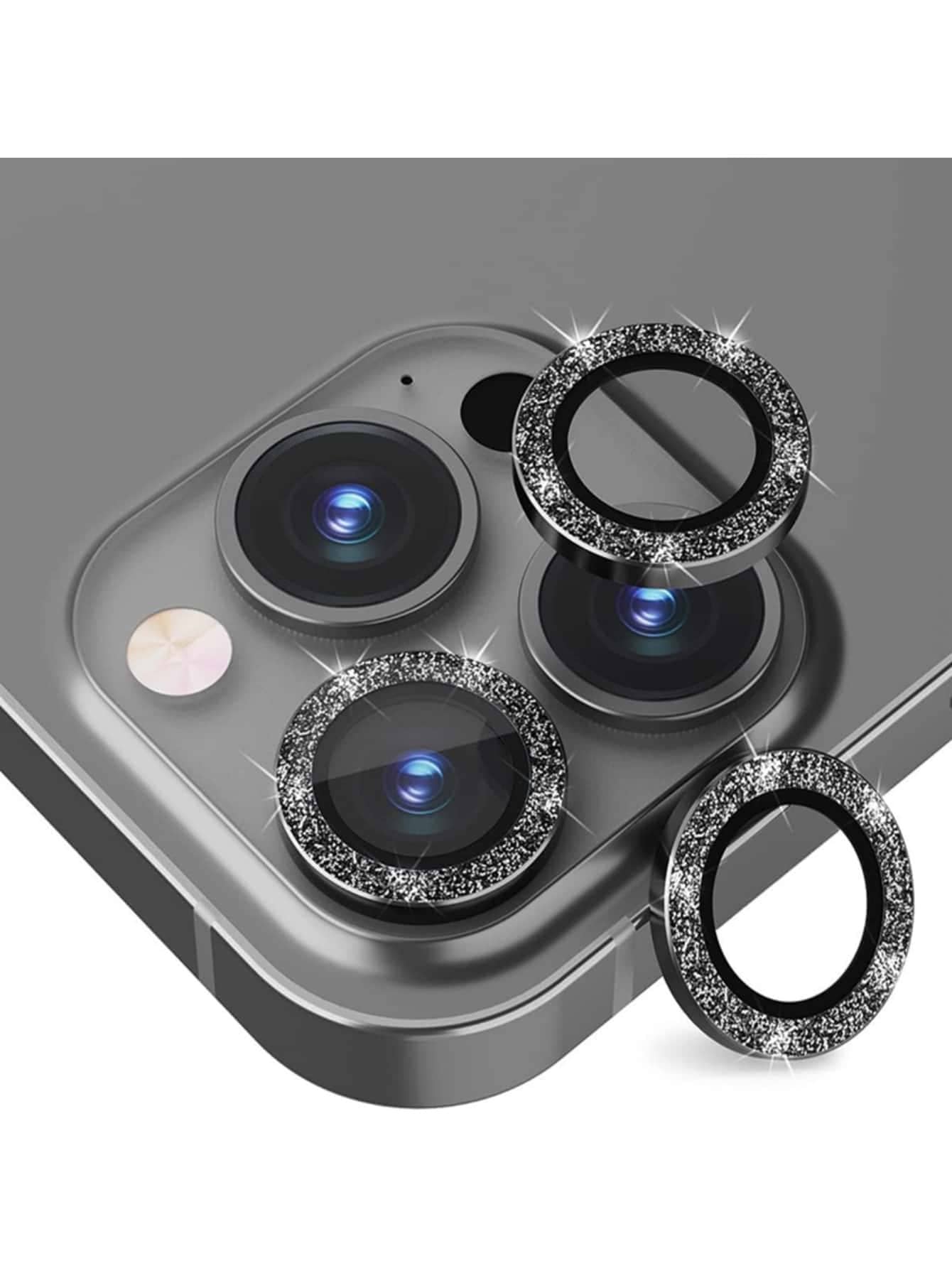 1Set Compatible With IPhone Lens Protector Sparkly Rhinestone Lens Film Lens Cap Lens Ring Compatible With IPhone 11/12/13/14/15/16/17 Air Plus Pro Max PLus Mini Series - Black - View 1