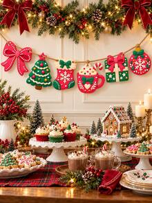 Christmas Felt Garland Banner, 6 Pendants With Bow, Tree, Snowflake Stocking, Hot Cocoa Mug, Gift Box And Bauble, Includes 1 White Ribbon, Red And Green Holiday Decor For Mantel, Wall, Window, Coffee Bar And Christmas Party - E - View 5
