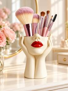 Cute Abstract Face Makeup Brush Holder, Resin Red Lips Cosmetic Storage Box, Vanity Decor, Desktop Pen Holder, Beauty Tool Organizer, Bathroom Countertop Accessory, Women's Vanity Gift, Bedroom Shelf Decor, Christmas Decor, Christmas Gifts - Multicolor - View 2