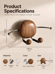 1pc, Approx. 20cm Wide, Approx. 8cm High, ABS Plastic, Stainless Steel And PET Material, Pebble-Shaped Multi-Function Wall-Mounted Storage Rack, Japanese Wooden Style, Walnut Wood Grain Color, Silver Metal Curved Hanging Arm, Round Ball End Decoration, Smooth And Compact, Dual-Side Hanging Rod Design, Double Bracket Support Below, Soft Wood Grain Texture, Creative Robot Figurine Design - Multicolor - View 2