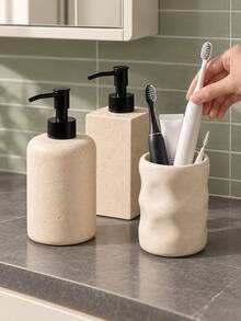 Neutral Speckled Wabi Sabi Bathroom Accessory Set, Textured Soap Dispenser And Toothbrush Holder, Modern Minimalist Vanity Countertop Decor For Bathroom Organization - Multicolor - View 5