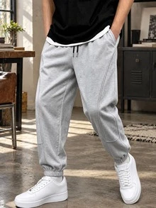 Men's Spring/Autumn Drawstring Cuffed Ankle-Length Sweatpants, Loose Fit Hiking Running Fitness Versatile Casual Sports Long Pants - Grey - View 1