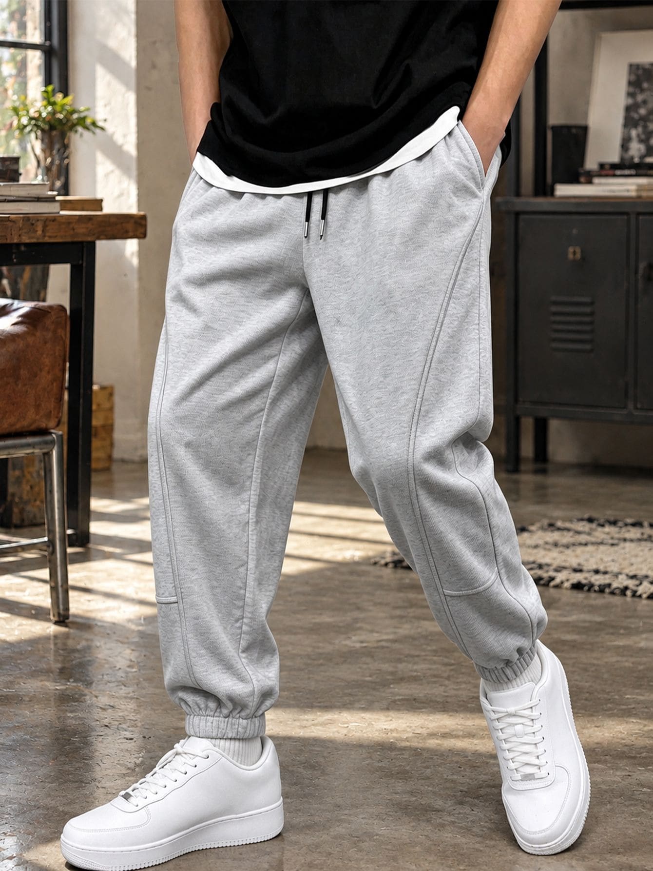 Men's Spring/Autumn Drawstring Cuffed Ankle-Length Sweatpants, Loose Fit Hiking Running Fitness Versatile Casual Sports Long Pants - Grey - View 1