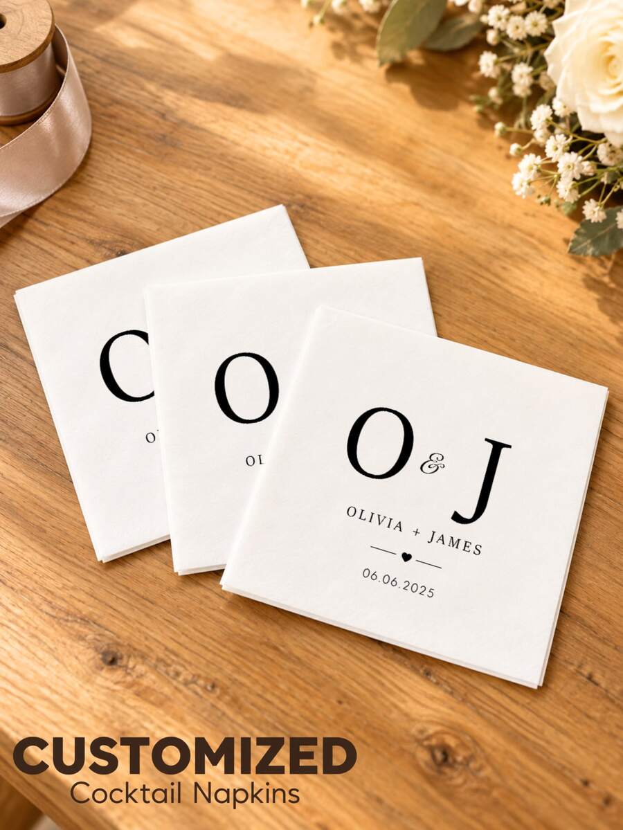 Custom Wedding Monogram Napkins, Personalized Initials, Names And Date, Paper Cocktail Napkins For Receptions, Bridal Showers And Anniversary Parties - Multicolor - View 1