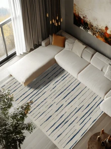 1PC Beige & Blue Abstract Vertical Stripe Pattern Bedroom Rug, Nordic Minimalist Wabi-Sabi Healing Faux Cashmere Rectangular Machine Washable Area Carpet, Suitable For Daily Home/Holiday Party/Spring Large Size Floor Mat, Aesthetic Home Decor - Multicolor - View 5